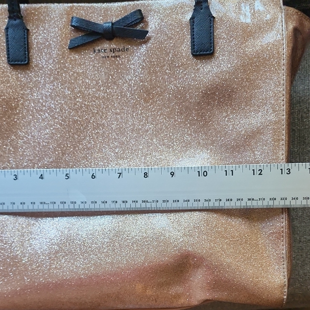 Kate Spade Rose Gold Glitter Tote Bow Black Handles Sparkly Shopper Bag - Picture 15 of 16